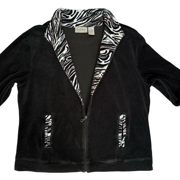 Black Velour Zebra Trim Jacket Women's XL Mobwife Glam Y2K Pockets Full Zip SEE - Picture 1 of 10